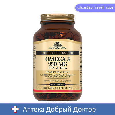 Потрійна Омега-3 950 мг ЕПК та ДГК 50 капсул Solgar (Солгар) 25514 фото