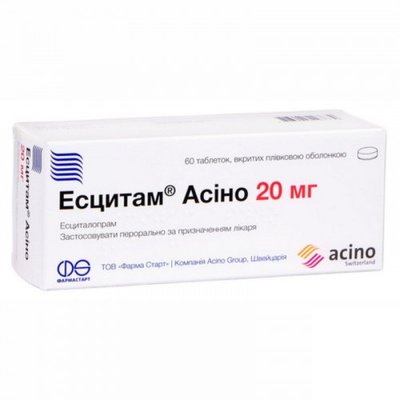 Есцитам Асіно 20 мг таблетки №60 шт Есциталопрам 35341 фото