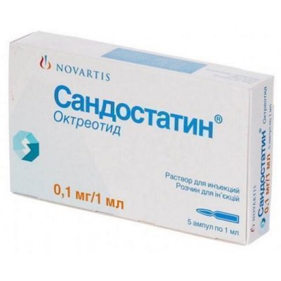 Сандостатин 0,1 мг-1 мл розчин для ін'єкцій ампули №5 Октреотид 17644 фото